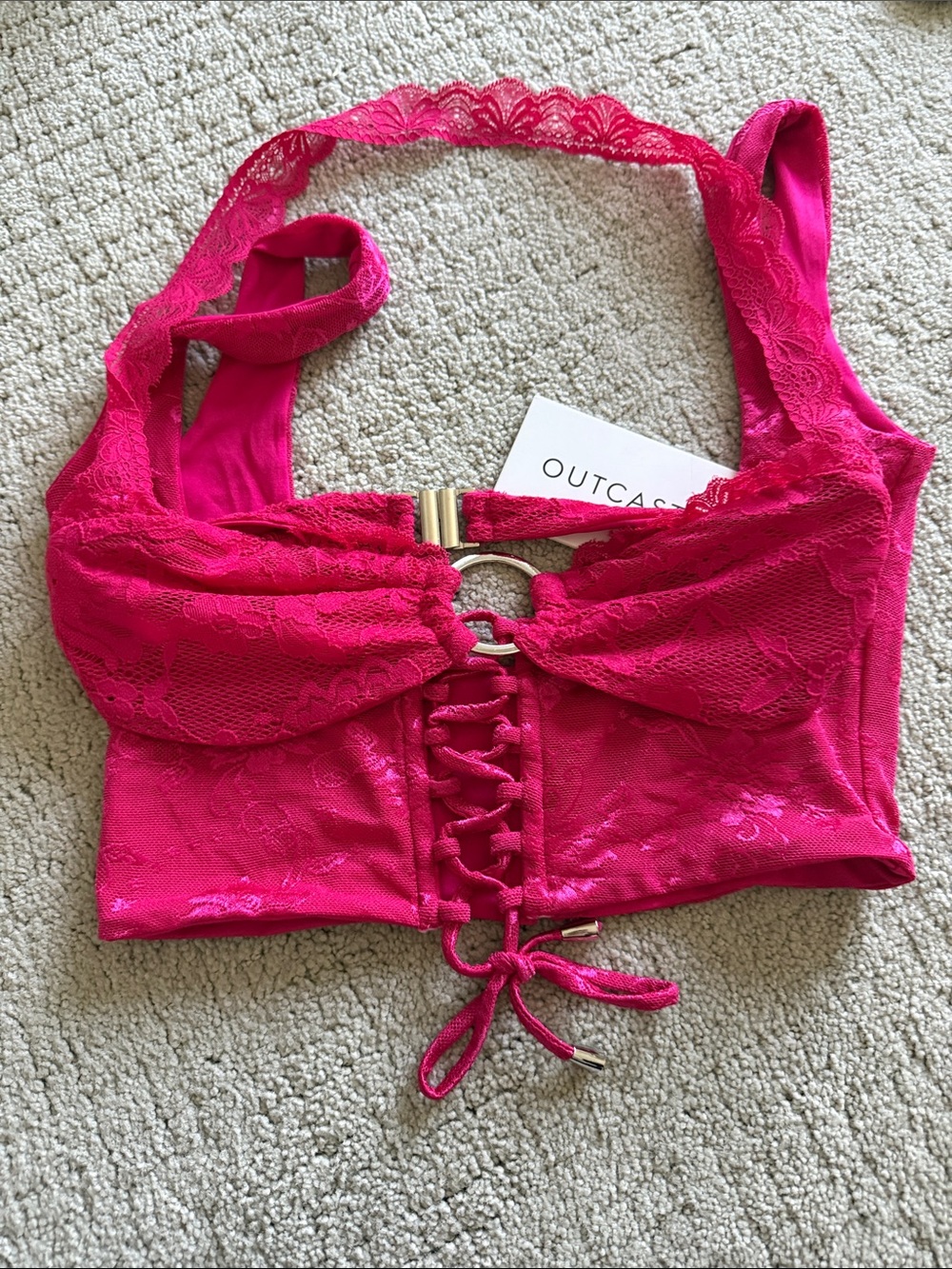 Fuchsia Lace Halter Crop Top with Front Lace-Up